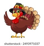 Thanksgiving greeting card with a turkey bird wearing a Pilgrim hat. Funny cartoon character 