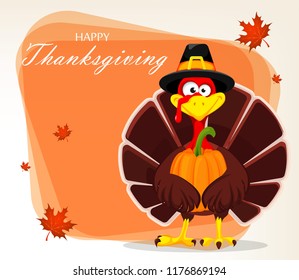 Thanksgiving greeting card with a turkey bird wearing a Pilgrim hat and holding pumpkin. Vector illustration on light background with maple leaves.