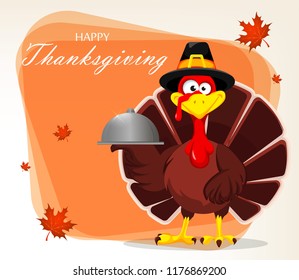 Thanksgiving greeting card with a turkey bird wearing a Pilgrim hat and holding restaurant cloche. Vector illustration on light background with maple leaves.