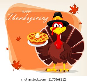 Thanksgiving greeting card with a turkey bird wearing a Pilgrim hat and holding delicious pumpkin pie. Vector illustration on light background with maple leaves.