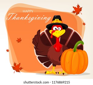 Thanksgiving greeting card with a turkey bird wearing a Pilgrim hat and standing near pumpkin. Vector illustration on light background with maple leaves.