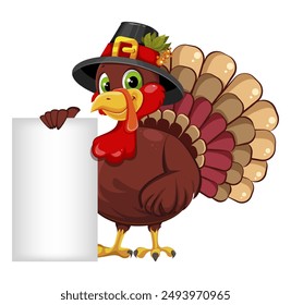 Thanksgiving-Grußkarte mit einem Truthahnvogel, der einen Pilgerhut trägt und ein leeres Plakat hält