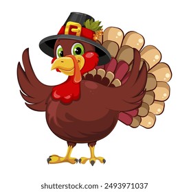 Thanksgiving greeting card with a turkey bird wearing a Pilgrim hat. Funny cartoon character 