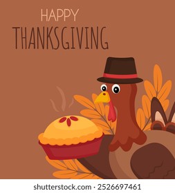 Thanksgiving greeting card with a turkey bird holding a piece of cake. Festive holiday illustration