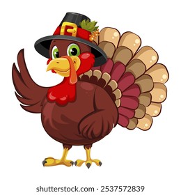 Thanksgiving greeting card with a turkey bird wearing a Pilgrim hat. 