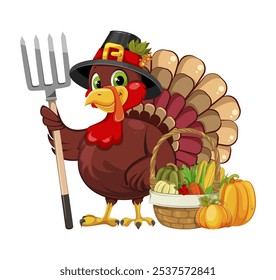 Thanksgiving greeting card with a turkey bird wearing a Pilgrim hat and holding rake