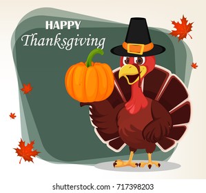 Thanksgiving greeting card with a turkey bird wearing a Pilgrim hat and holding pumpkin. Funny cartoon character for holiday. Vector illustration with maple leaves on background.