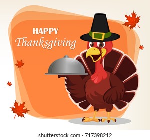 Thanksgiving greeting card with a turkey bird wearing a Pilgrim hat and holding restaurant cloche. Funny cartoon character for holiday. Vector illustration with maple leaves on background.