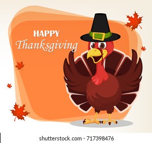 Thanksgiving greeting card with a turkey bird wearing a Pilgrim hat and waving its wings. Funny cartoon character for holiday. Vector illustration with maple leaves on background.