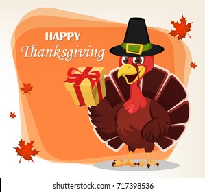 Thanksgiving greeting card with a turkey bird wearing a Pilgrim hat and holding a gift box. Funny cartoon character for holiday. Vector illustration with maple leaves on background.