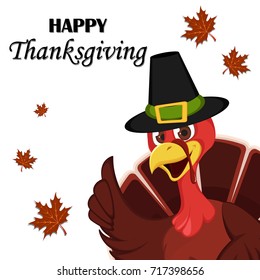 Thanksgiving greeting card with a turkey bird wearing a Pilgrim hat. Funny cartoon character for holiday. Vector illustration with maple leaves on background.