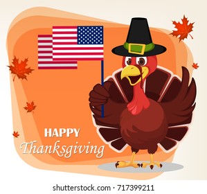 Thanksgiving greeting card with a turkey bird wearing a Pilgrim hat and holding USA flag. Funny cartoon character for holiday. Vector illustration with maple leaves on background.