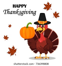 Thanksgiving greeting card with a turkey bird wearing a Pilgrim hat and holding pumpkin. Funny cartoon character for holiday. Vector illustration on white background.