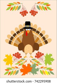 Thanksgiving greeting card turkey bird Pilgrim hat. Funny cartoon character holiday. Vector illustration maple leaves background.