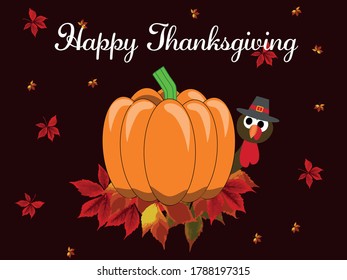 Thanksgiving greeting card. A turkey in a hat peeks out from behind a pumpkin. Colorful autumn leaves.