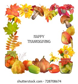 Thanksgiving greeting card. Vector autumn decorative frame with natural elements on a white background