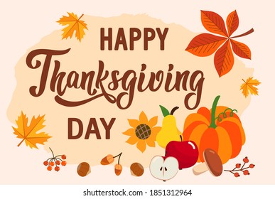 Thanksgiving greeting card. vector image. leaves, pumpkin, calligraphy