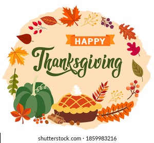 Thanksgiving greeting card. vector image. leaves, pumpkin, maple, calligraphy
