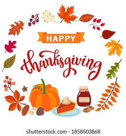 Thanksgiving greeting card. vector image.harvest, leaves, pumpkin, calligraphy
