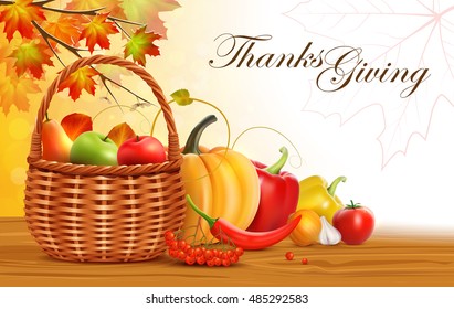 Thanksgiving greeting card. Wicker basket with fruits and vegetables.