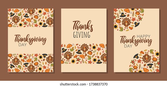 Thanksgiving greeting cards with decorations set vector illustration. Seasonal ornament and handwritten text flat style. Celebration lettering and autumn holiday concept