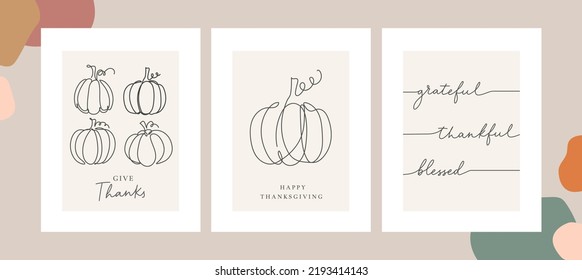 Thanksgiving greeting cards and invitations set with one line art pumpkins. Modern fall holiday background set vector illustration. Single line pumpkin icon typography design templates with lettering