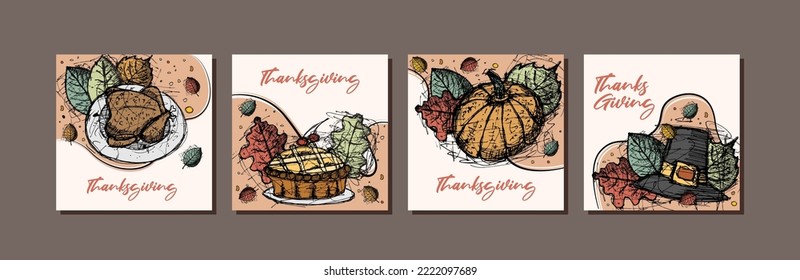 Thanksgiving greeting cards and invitations, used for social media, poster, flyer. Hand drawn vector illustration with autumn color.