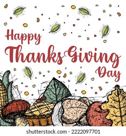 Thanksgiving greeting cards and invitations, used for social media, poster, flyer. Hand drawn vector illustration with autumn color.