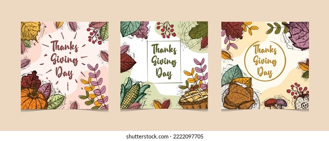 Thanksgiving greeting cards and invitations, used for social media, poster, flyer. Hand drawn vector illustration with autumn color.