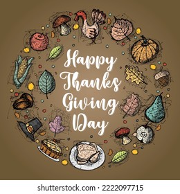 Thanksgiving greeting cards and invitations, used for social media, poster, flyer. Hand drawn vector illustration with autumn color.