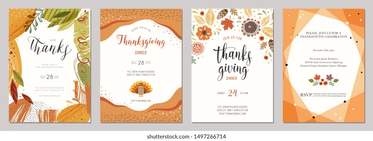 Thanksgiving greeting cards and invitations. Vector illustration. 