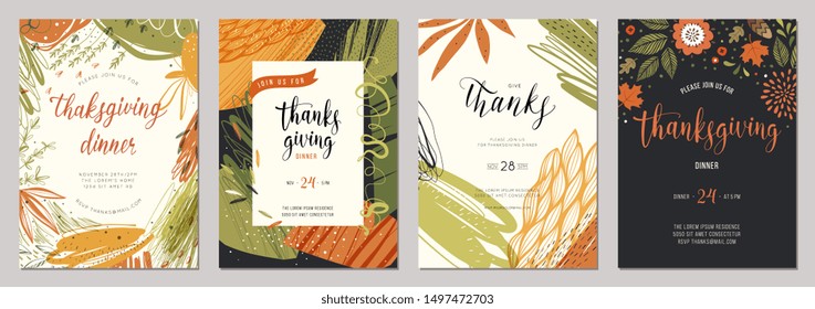 Thanksgiving greeting cards and invitations. Vector illustration. 