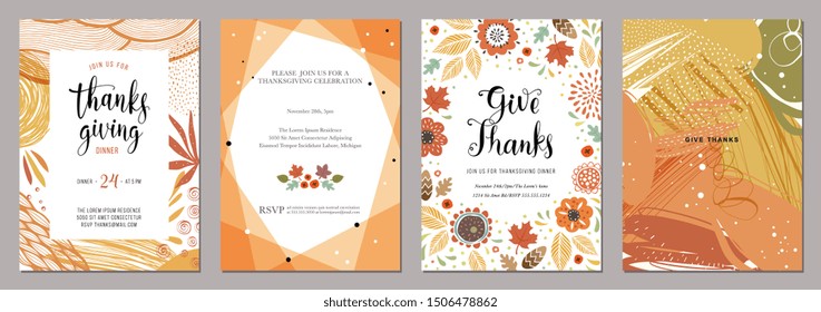 Thanksgiving greeting cards and invitations. Vector illustration. 