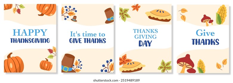 Tarjetas de felicitación e invitaciones de Acción de Gracias. Ilustración vectorial.