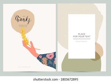 Thanksgiving greeting cards and invitations. A woman's hands hold an ear of wheat.Vector illustration.