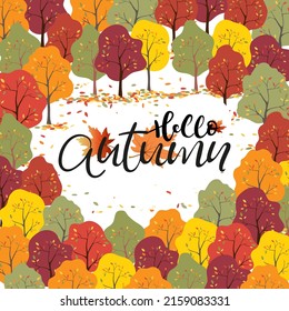 Thanksgiving greeting cards and invitations,Hello Autumn card Set of forest tree with multicolour leaves falling on ground,Vecyor illustration backdrop banner Fall season with multicolour leaves 