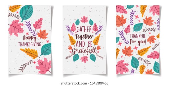 thanksgiving greeting cards leaves foliage vector illustration