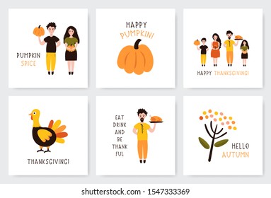 Thanksgiving greeting cards set. Creative collection of family person icons. Cartoon holiday illustrations.