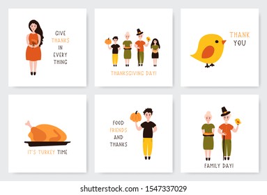 Thanksgiving greeting cards set. Creative collection of family person icons. Cartoon holiday illustrations.