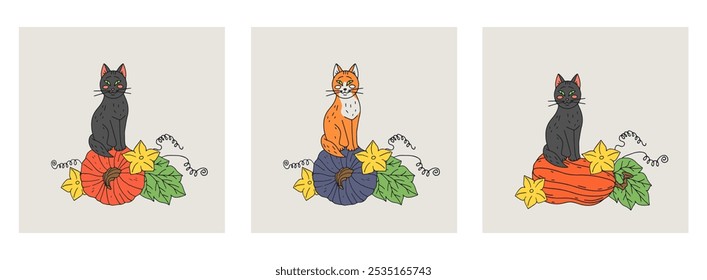 Thanksgiving greeting cards set with cute cat and pumpkin. Hand drawn fall harvest illustration.