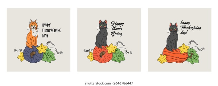 Thanksgiving greeting cards set with cute cats and pumpkin and text happy thanksgiving day. Hand drawn fall harvest illustration.