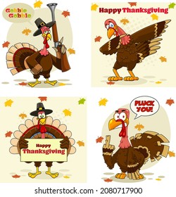 Thanksgiving Greeting Cards With Turkey Bird Cartoon Characters. Vector Hand Drawn Collection Set With Background And Text