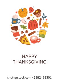Thanksgiving greeting cart composition, happy thanks giving, invitation template with copy space, vector arrangement with pumpkins, autumn leaves, pie, November holidays, banner and poster design