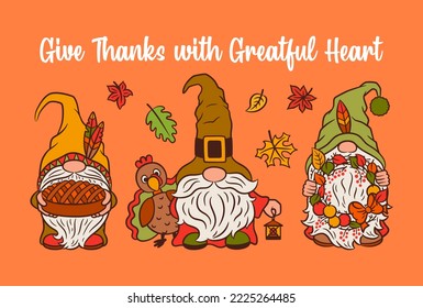Thanksgiving greeting cute gnomes. November fall design. Happy thanksgiving greeting card text hand lettering style typography. Fun scandinavian gnomes autumn vector illustration.