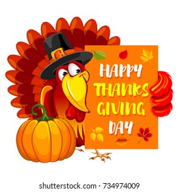 Thanksgiving greeting design with cheerful turkey, pumpkin and calligraphy inscription Happy Thanksgiving Day. Vector illustration.