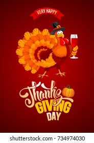 Thanksgiving greeting design. Cheerful turkey with glass of wine, pumpkin and calligraphy inscription Happy Thanksgiving Day. Vector illustration.