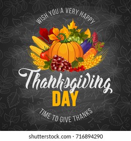 Thanksgiving greeting design with pumpkin, other vegetables, autumn leaves, and calligraphy inscription Thanksgiving Day on chalkboard background. Vector illustration.