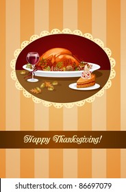 Thanksgiving greeting with roasted turkey, pie and wine