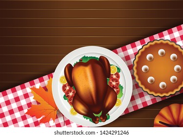 Thanksgiving greeting with roasted turkey. Vector illustration