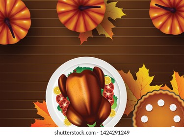 Thanksgiving greeting with roasted turkey. Vector illustration
